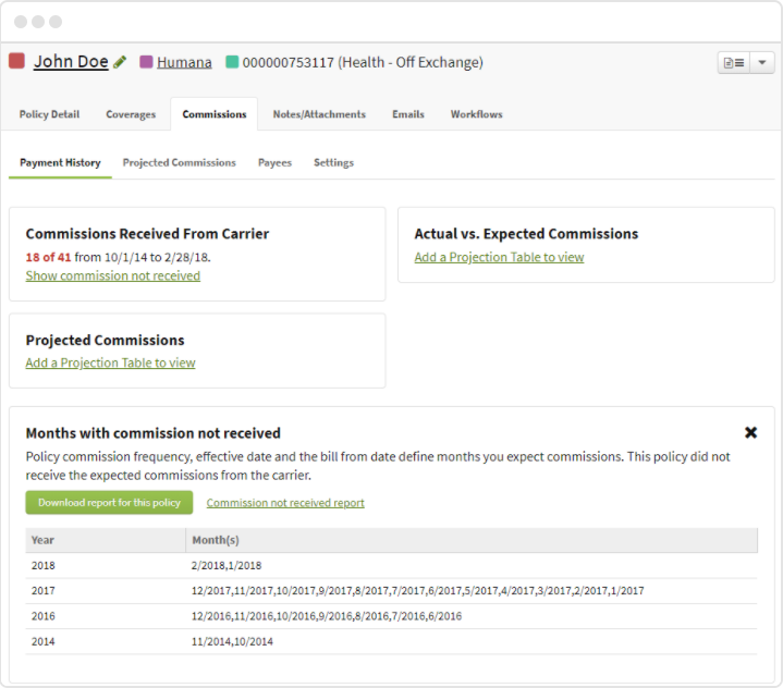 Screenshot showing the Payment History tab on an Individual Policy after the update
