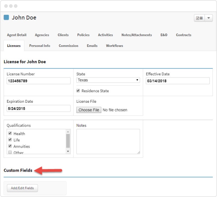 Screenshot showing the option to add and edit custom fields on an Agent record
