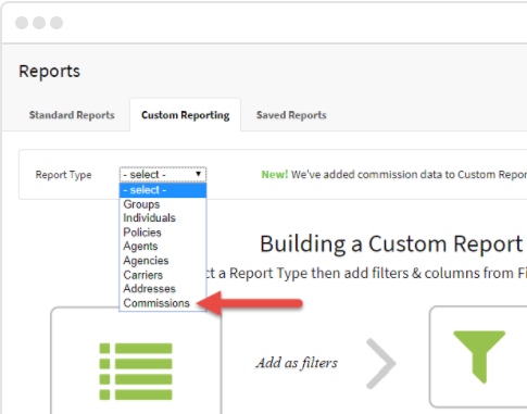 Screenshot showing the Commissions Report Type in Custom Reporting