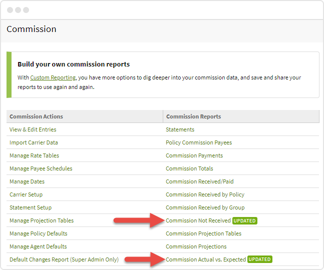 Screenshot showing links to the Commission Not Received report and the Commission Actual versus Expected report