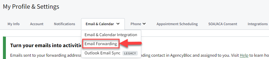 Screenshot showing the Email Forwarding tab in My Account settings
