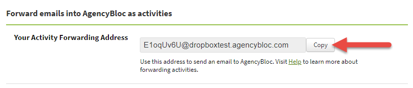 Screenshot showing your Activity Forwarding Address on the Email Forwarding tab