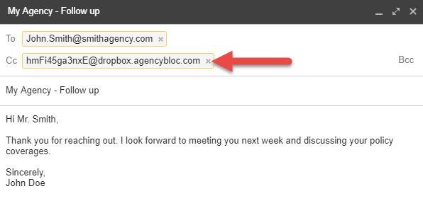 Screenshot showing an example of your Activity Forwarding Address being CC'ed in an email