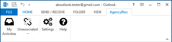 Screenshot of AgencyBloc's Add-In ribbon in a desktop-based Microsoft Outlook client