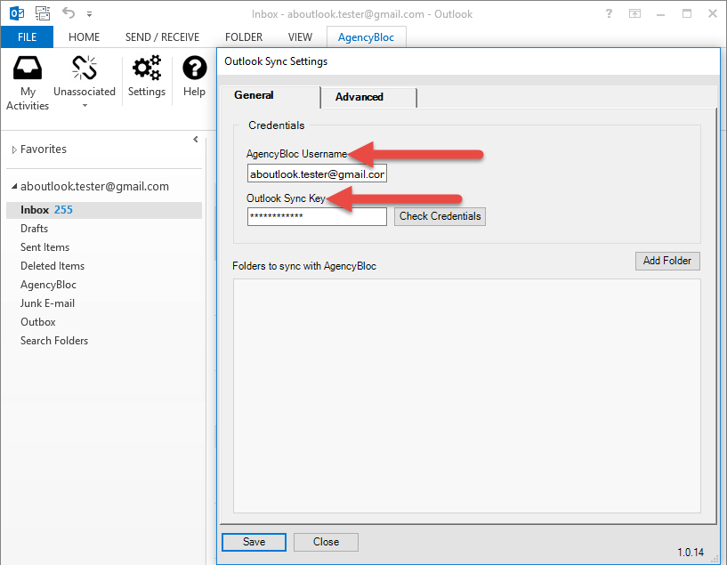 Screenshot showing where to enter the Outlook Email Sync Add-In Key and AgencyBloc username in Outlook client
