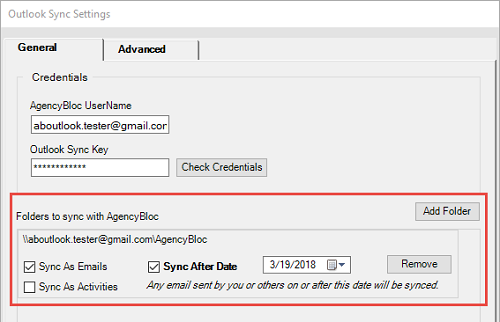 Screenshot showing the Outlook Email Sync settings to sync folders
