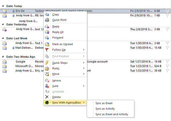 Screenshot showing the options to sync an Outlook Email to AgencyBloc using the Add-In
