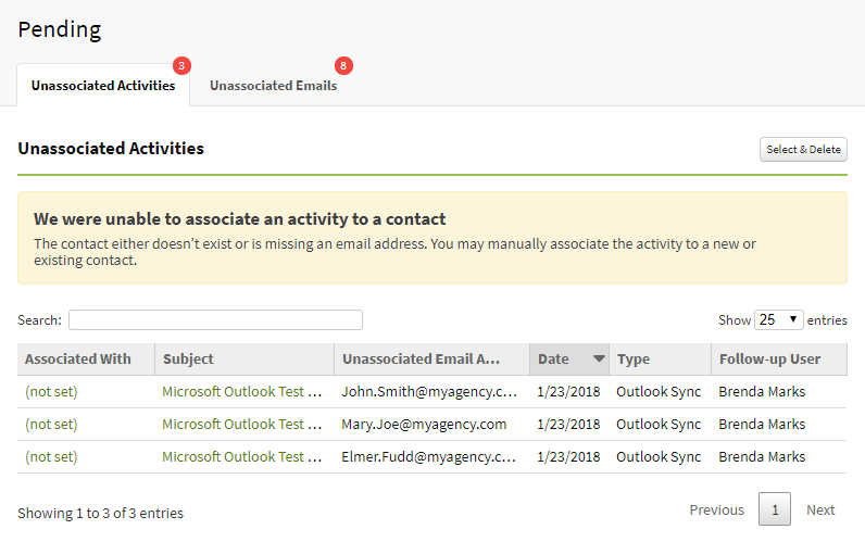 Screenshot showing the Pending page where you can access and associate unassociated activities and emails