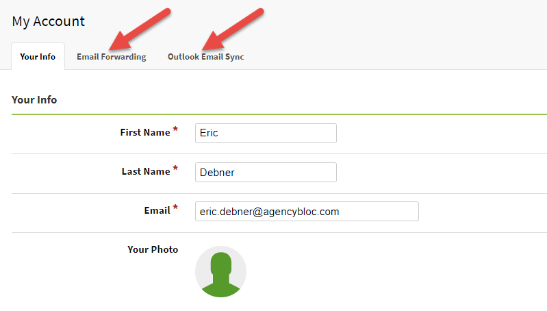 Screenshot showing the Email Forwarding and Outlook Email Sync tabs in My Account settings