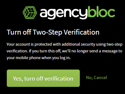 Screenshot showing a confirmation message to turn off two-step verification