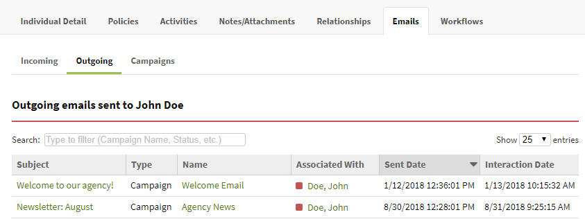 Screenshot showing the Outgoing emails tab on an Individual record