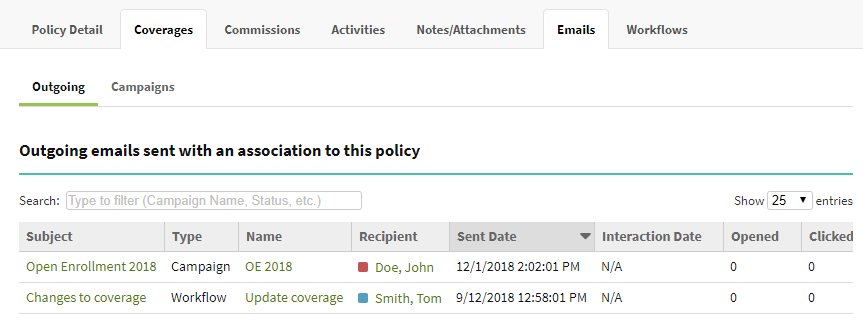 Screenshot showing the Emails tab on a Policy record