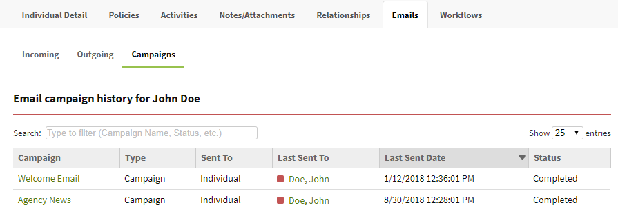 Screenshot showing the Campaigns tab on an Individual record