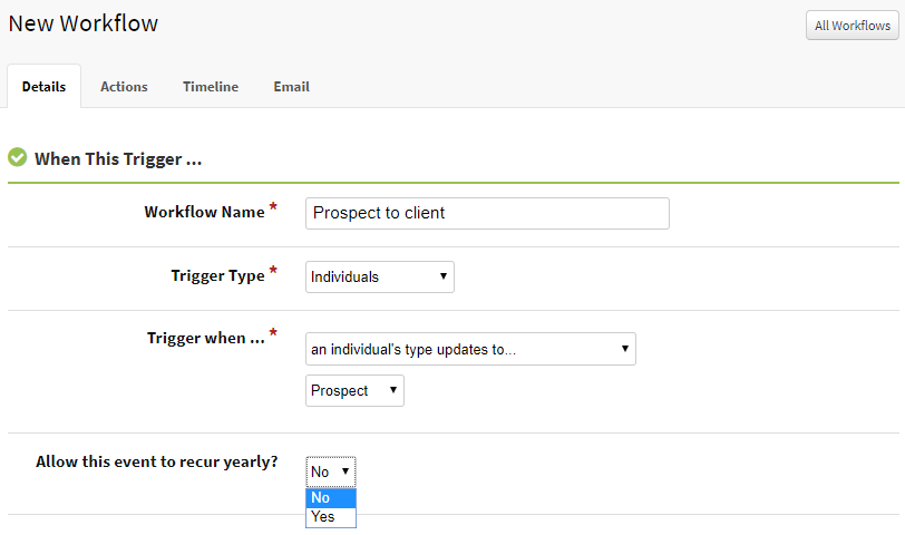 Screenshot showing a workflow that has the option to recur yearly
