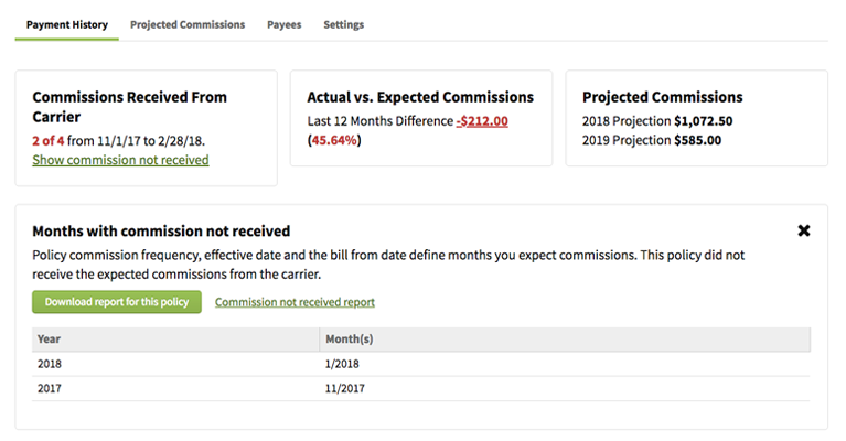 Screenshot showing the Payment History tab on a Policy record
