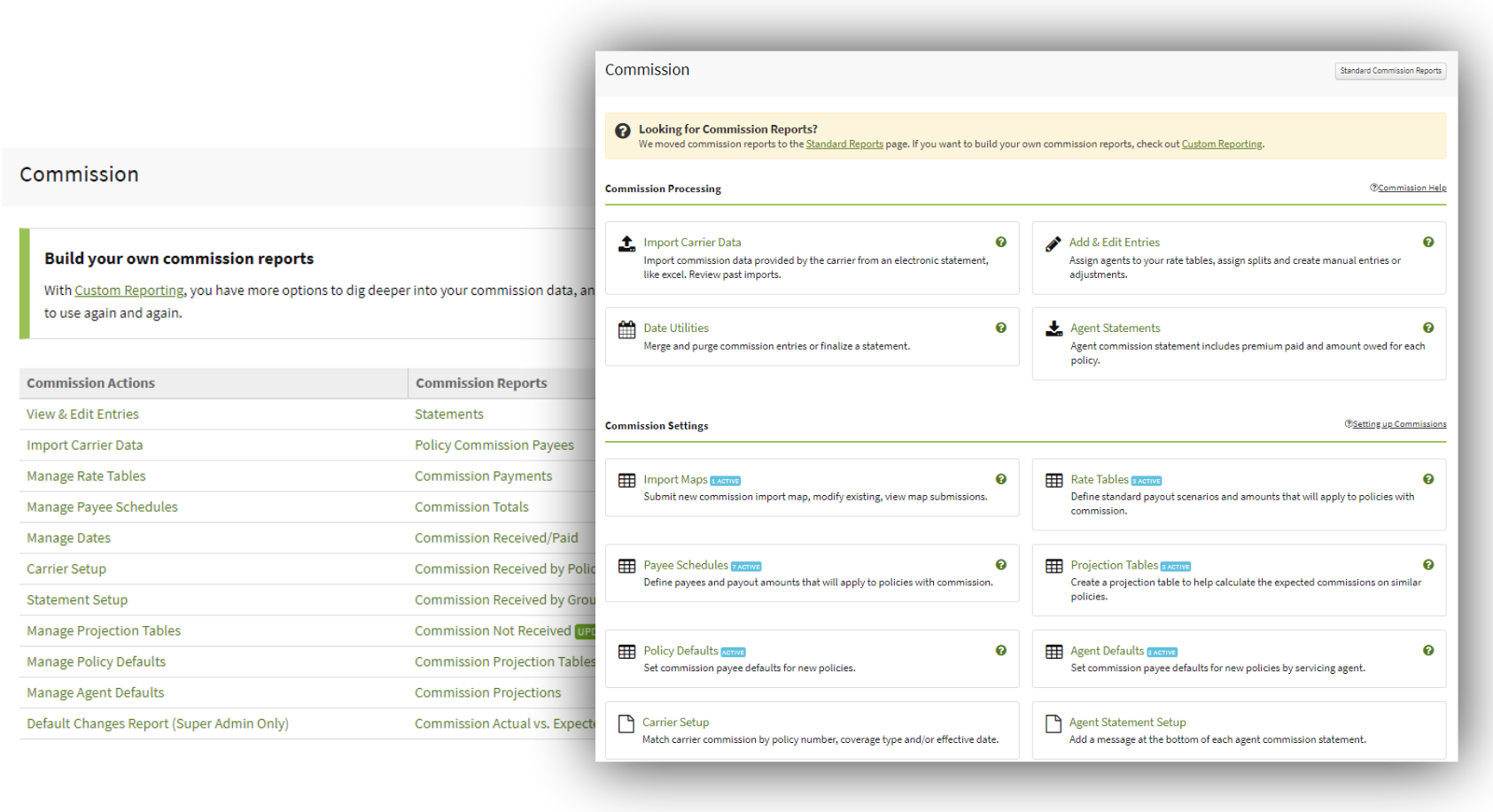 Screenshot showing the before and after of the updated Commission page