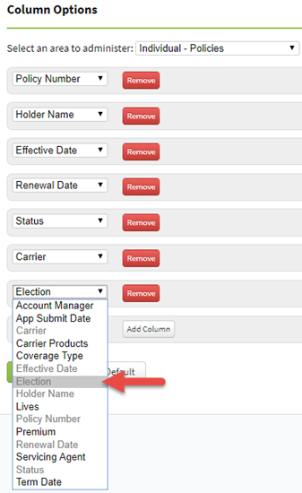 Screenshot showing the Individual Policy Election column option in settings