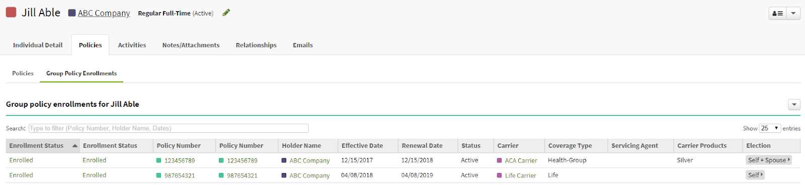 Screenshot showing the Group Policy Enrollments tab on an Individual record