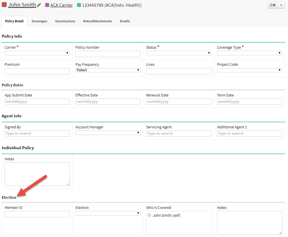 Screenshot showing the Election section on an Individual Policy