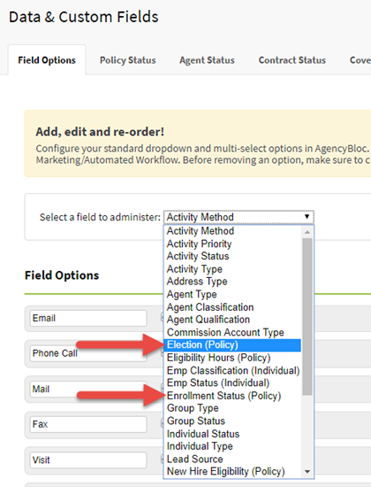 Screenshot showing the field options for Policy Elections and Policy Enrollment Status in settings