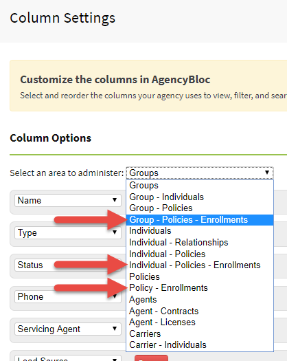 Screenshot showing the column options for Group Policy Enrollments, Individual Policy Enrollments and Policy Enrollments in settings