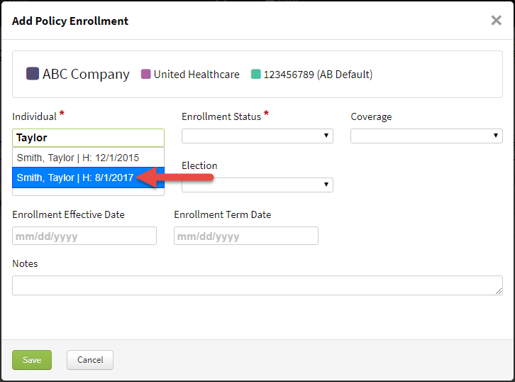 Screenshot highlighting the hire date of the group's individuals to help you choose the right one