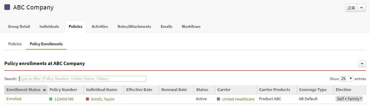 Screenshot showing where policy enrollments can be found on a group record