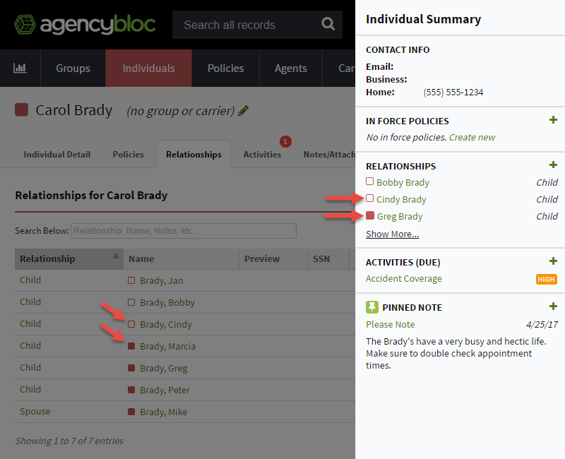 Screenshot showing relationships on an Individual's right-hand summary