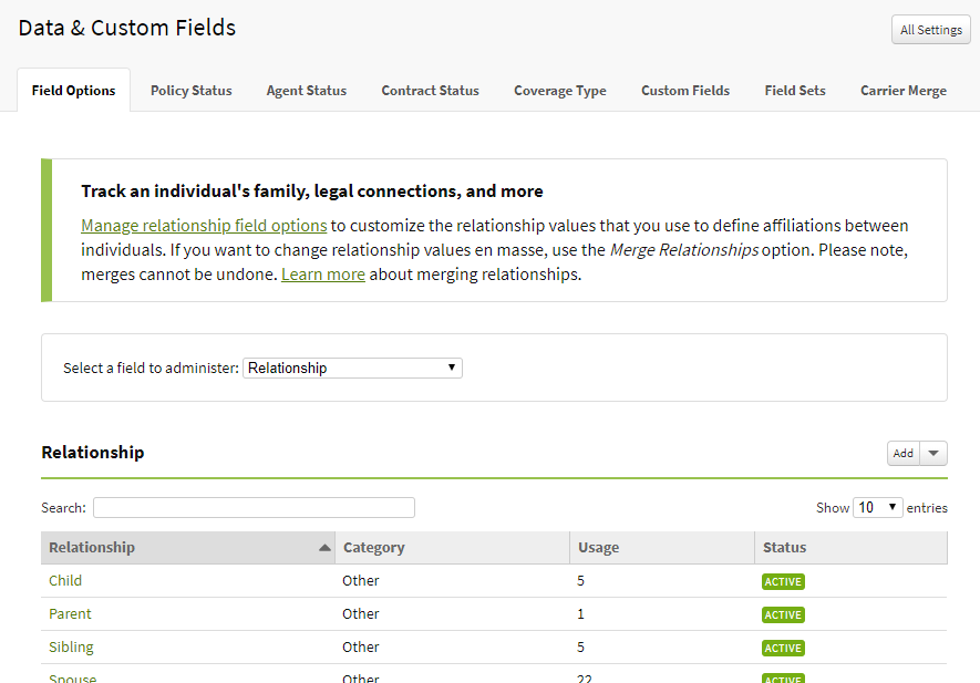 Screenshot showing relationship field options in settings
