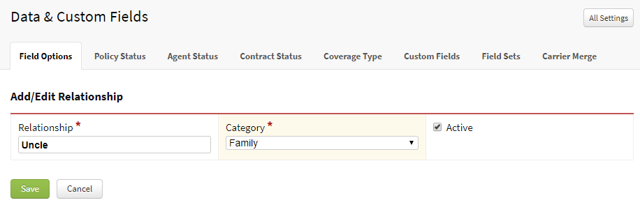 Screenshot showing the relationship field option details