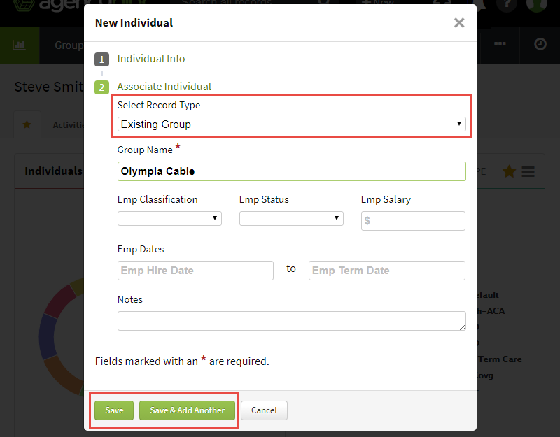 Screenshot showing how to choose which type of record to associate the Individual with