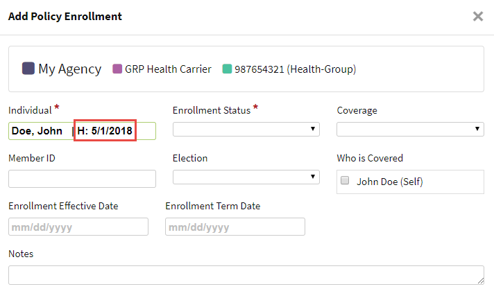 Screenshot showing the employement date information on a policy enrollment