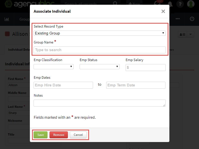 Screenshot showing the association details for an Individual recoird