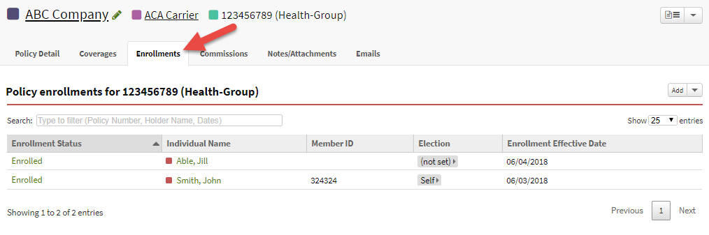 Screenshot showing the Enrollments tab on a Group record
