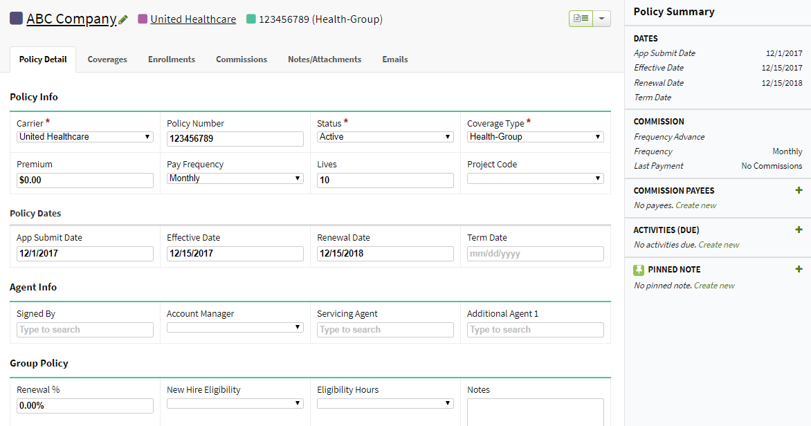 Screenshot showing a group policy's Detail tab and right-hand summary