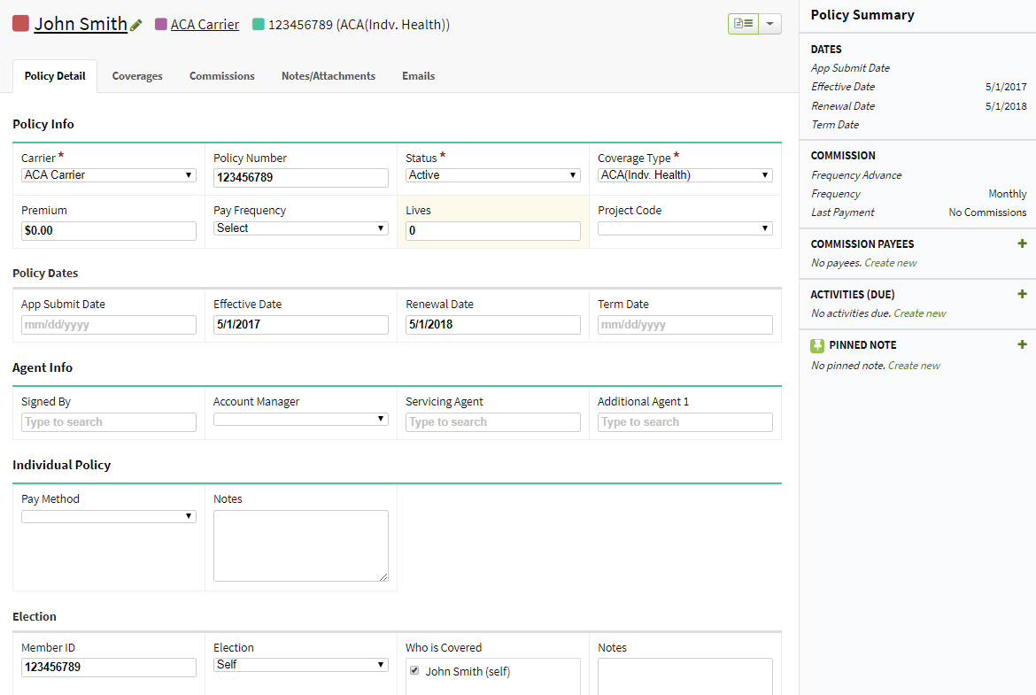 Screenshot showing an individual policy's Detail tab and right-hand summary