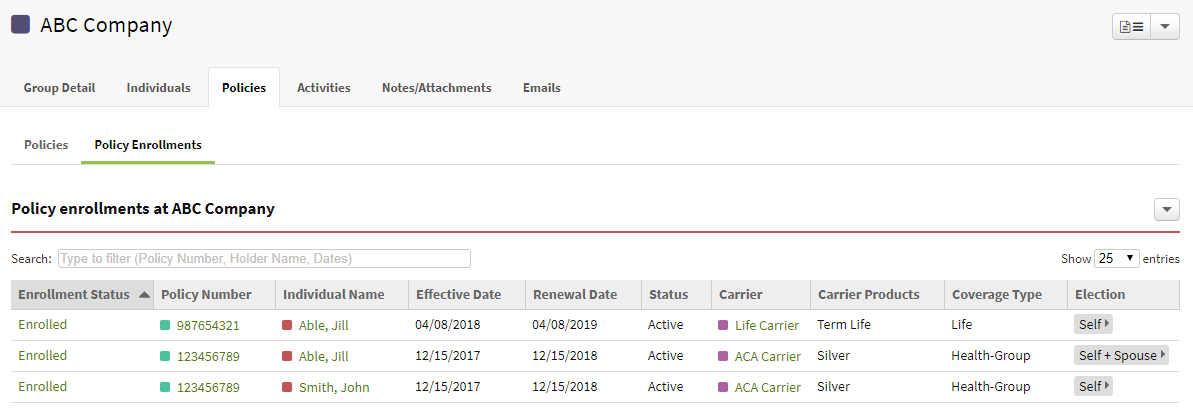 Screenshot showing the Policy Enrollments tab on a Group record