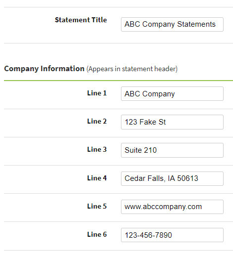 Screenshot showing the company information for the statement header