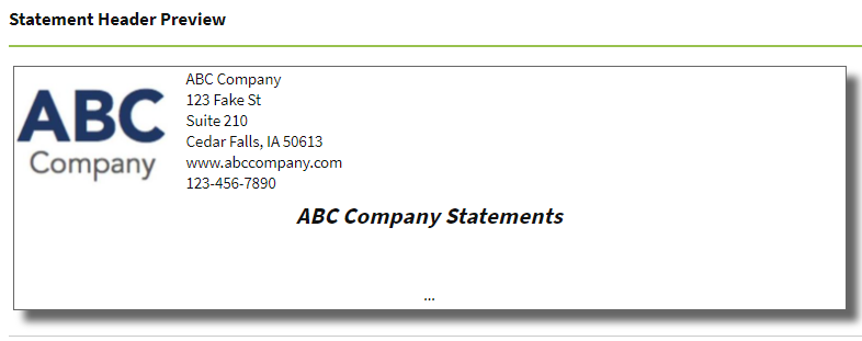 Screenshot showing the statement header preview