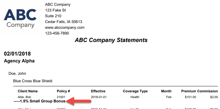 Screenshot showing the commission record's message on an agent statement