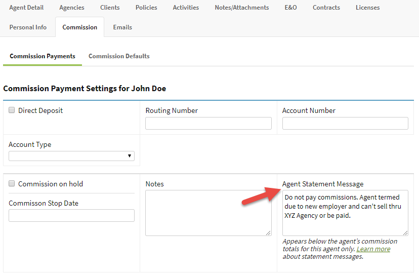 Screenshot showing the statement message on an Agent record