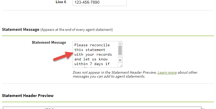 Screenshot showing the statement message in agent statement settings