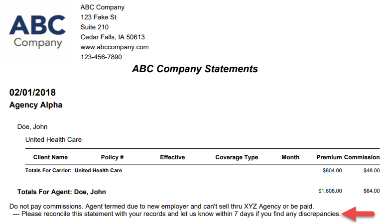 Screenshot showing the agent statement settings message on an agent statement