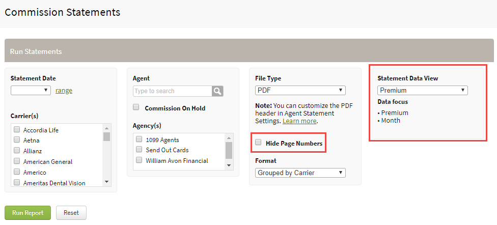 Screenshot showing the Statement Data View in Agent Statements