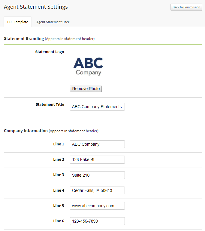Screenshot showing the PDF Template tab on the Agent Statement Settings page