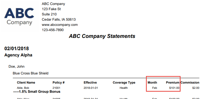 Screenshot showing the Premium statement format