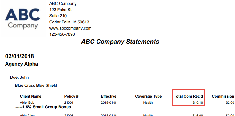 Screenshot showing the Commission Received statement format