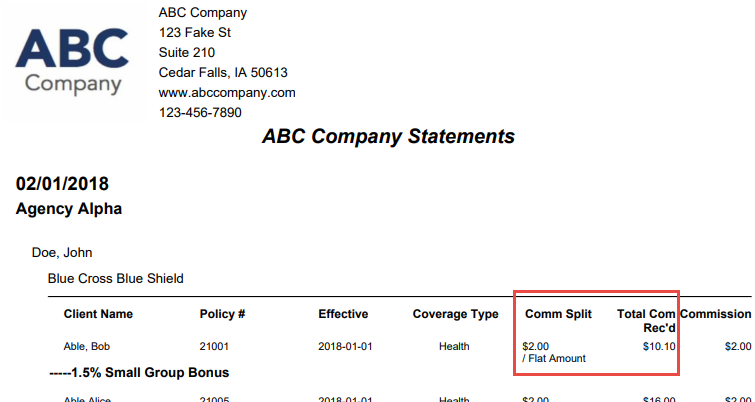 Screenshot showing the Agent Splits statement format