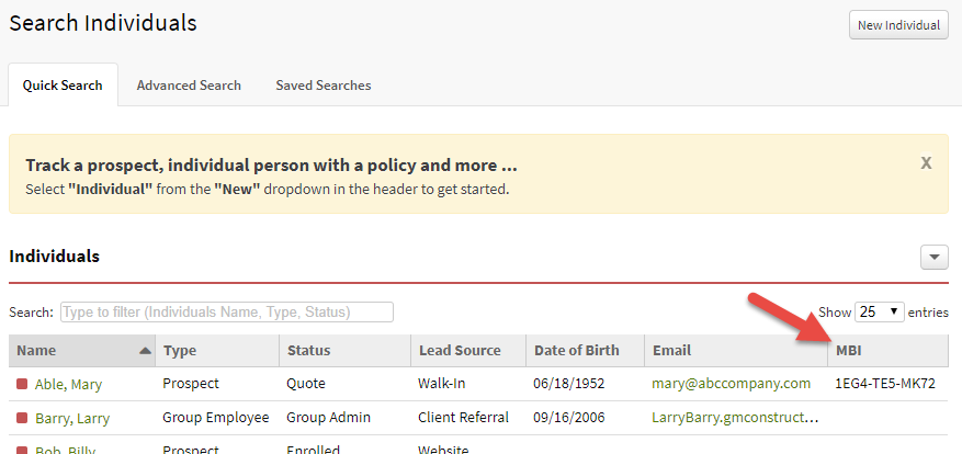 Screenshot showing the MBI column on the Individuals Quick Search