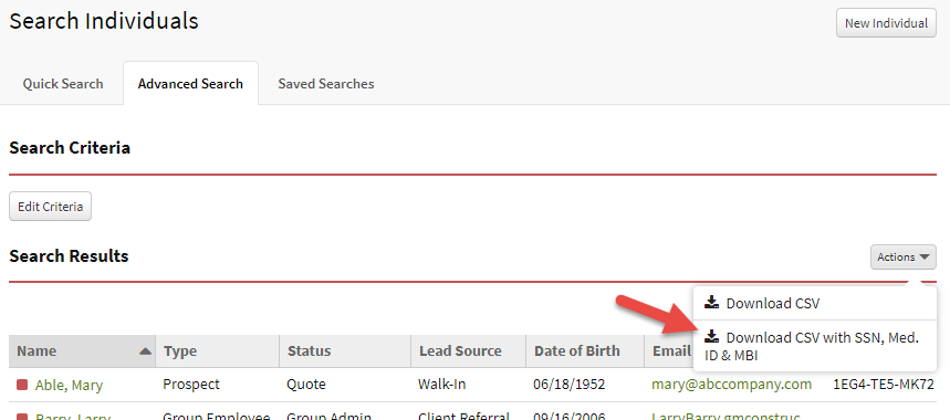 Screenshot showing the option to include MBI in an Advanced Search CSV download